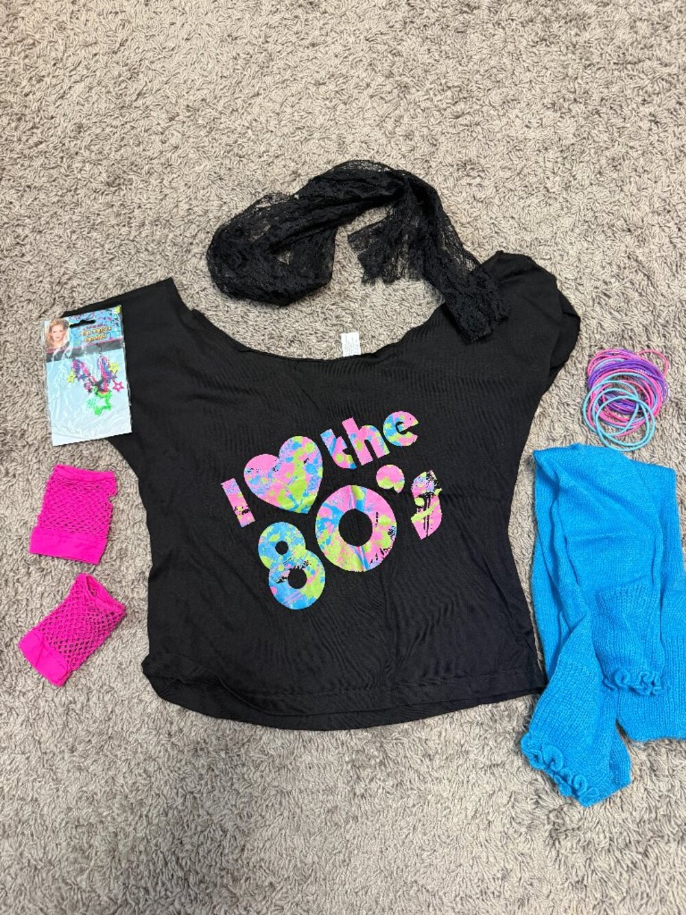 Womens 1980's 80s Costume Top Legwarmers Jewelry Accessories Kit Halloween